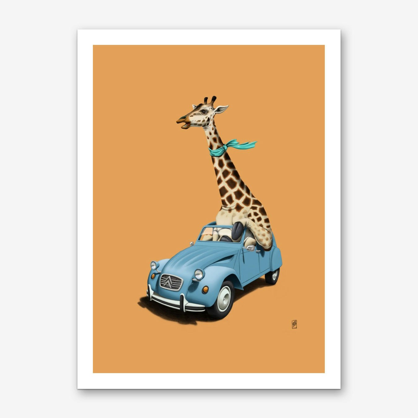 Giraffe Riding Car Art Print Poster in Orange for Living Room - Framed Option Available