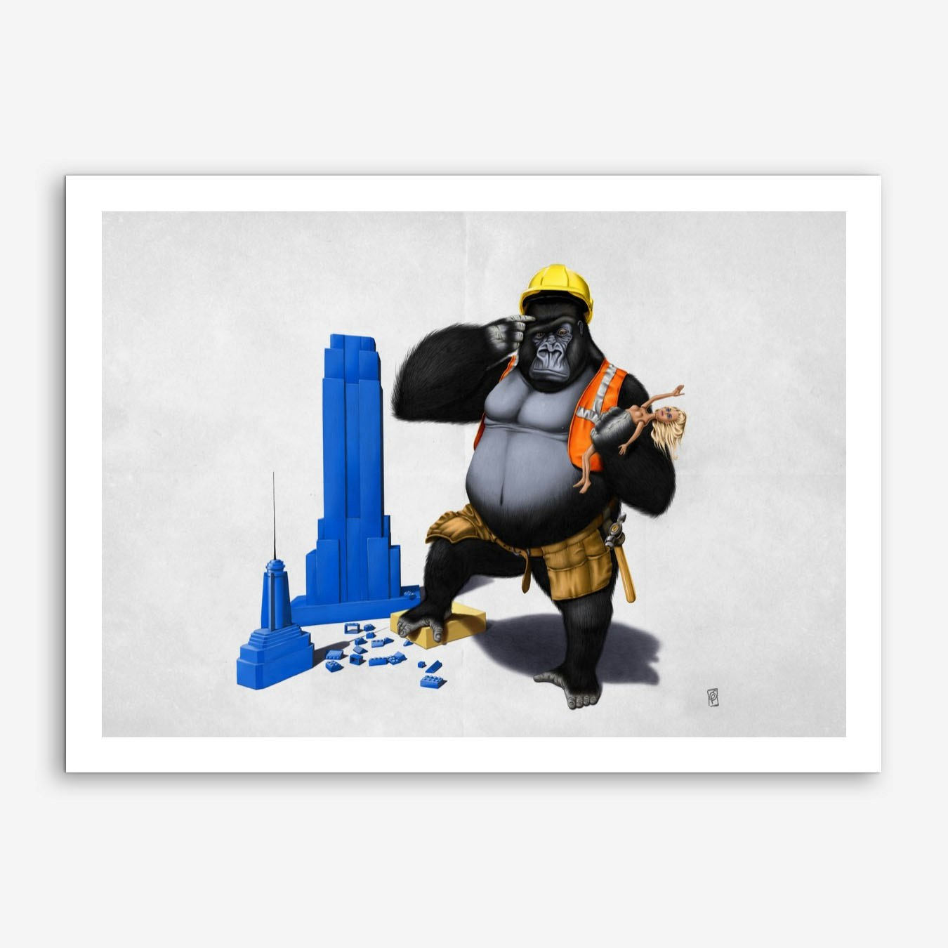 Gorilla Building Art Print Poster Blue Modern Style for Office Wall Decor Framed Option