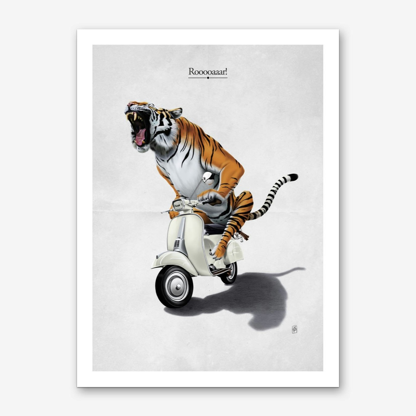 Tiger on Scooter Art Print Poster by Rob Snow Framed Option Fun Style Orange Wall Decor for Living Room