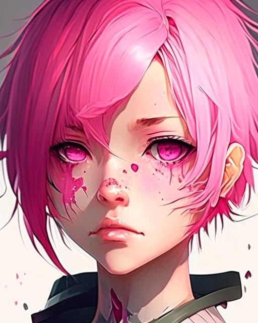 Anime Girl, Pink Hair, Pink Eyes, Short Hair, Blood On Face, Scars | Fy!  Studio