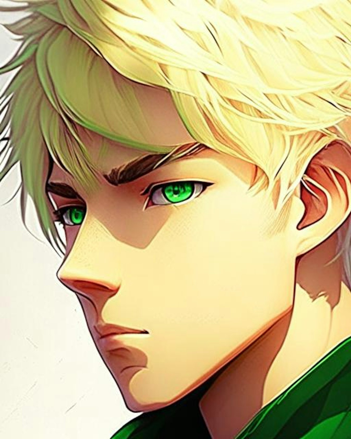 anime boy with yellow hair and green eyes