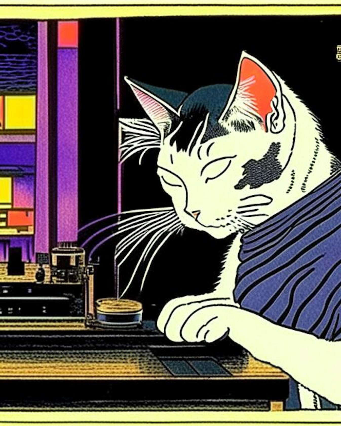 a drawing of a cat in a bar with a dj
