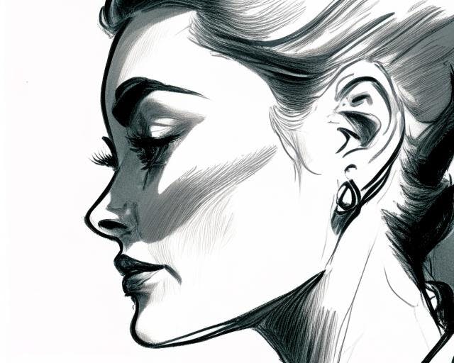 storyboard, rough pencil drawing, side view close up of a beautiful  business woman sitting, head facing down, face looking up, black and white  sketch | Fy! Studio