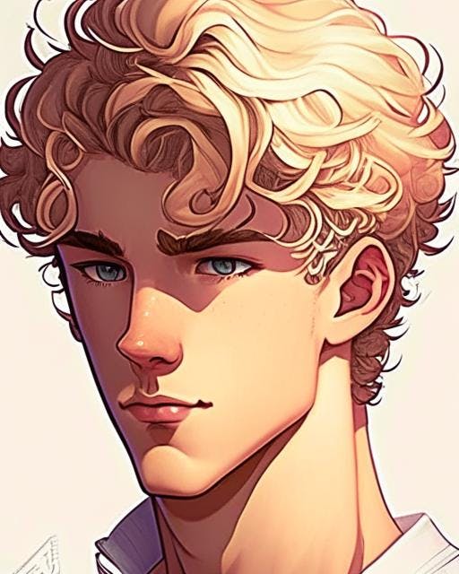 AI Image Generator: 2d anime male with short brown curly hair no background