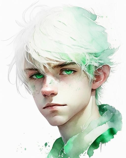 anime guy with white hair and green eyes