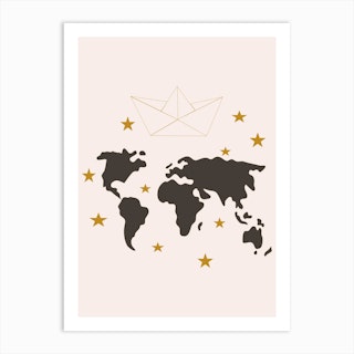 Paper Boat And World Map Art Print