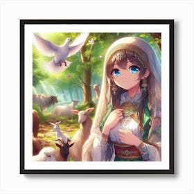 Anime Girl With Goats Art Print