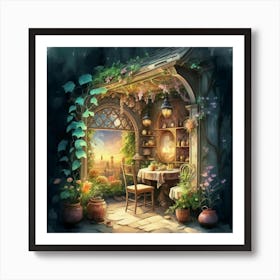 Quiet and attractive dining nook, overgrown flowers, high quality, detailed, highly 3D, elegant carved cart, 13 Art Print