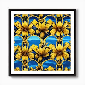 Yellow Flowers In Field With Blue Sky Centered Symmetry Painted Intricate Volumetric Lighting (3) Art Print