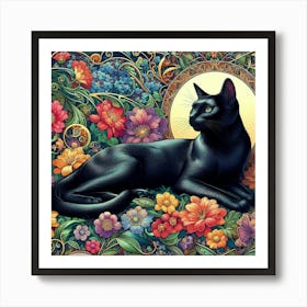 Black Cat With Flowers 7 Art Print