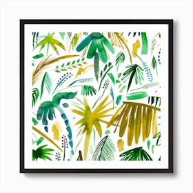 Brushstrokes Tropical Palms Green Square Art Print