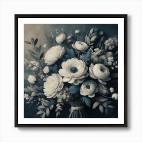 Fresh White Bouquet Dark Blue On Canvas Print 3 Art Print