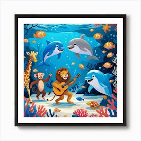 Lion And Dolphins In The Sea Art Print