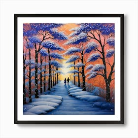 Winter Romance Painting A Couple S Snowy Stroll Affiche