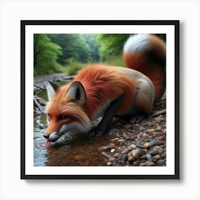 Red Fox Drinking Water Art Print