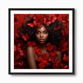 Beautiful African American Woman With Red Butterflies Art Print