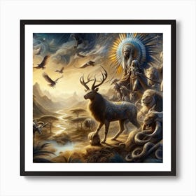 Eagles And Deer Art Print