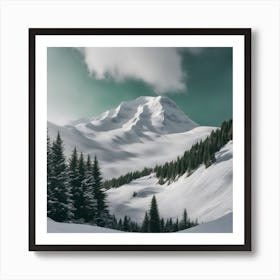 Snowy Mountain Small Trees And Green Spaces (1) Art Print