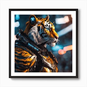 A highly detailed digital painting of a tiger wearing full body armor in a cyberpunk style. 1 Art Print