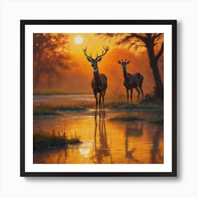 Deers sunset wall Art Print