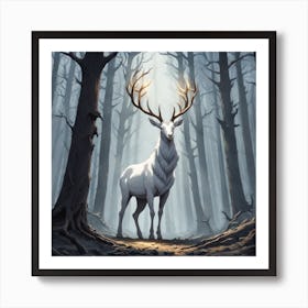 A White Stag In A Fog Forest In Minimalist Style Square Composition 43 Art Print
