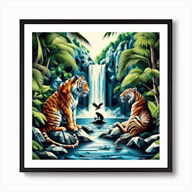 Geometric Art Tigers at the waterfall 1 Art Print