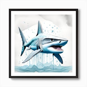 White Shark Watercolor Dripping Art Print