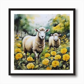 Two Sheep In Yellow Flowers Art Print