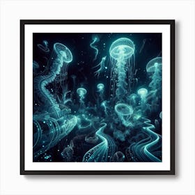 Whispers of the Deep: Bioluminescent Dreams in Watery Depths Art Print