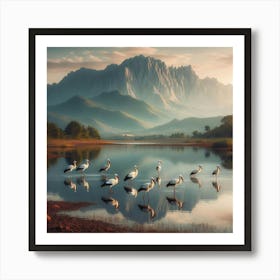 Storks By The Lake Art Print