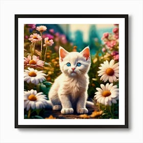 White Kitten In The Garden Art Print