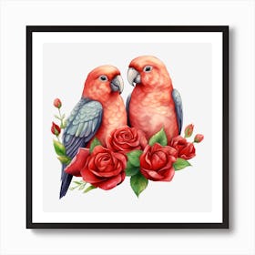 Parrots And Roses 2 Art Print