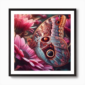 Butterfly On Pink Flowers 1 Art Print