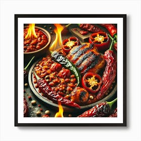 A Close Up Of Fiery Chili Infused Dishes, Featurin Art Print