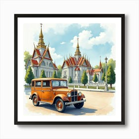 Elegant Vehicle Near A Grand Palace, Watercolor Painting 1 Art Print