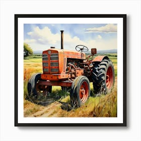 Watercolor Rustic Red Tractor, Old Broken Down Country Field Landscape Art Print