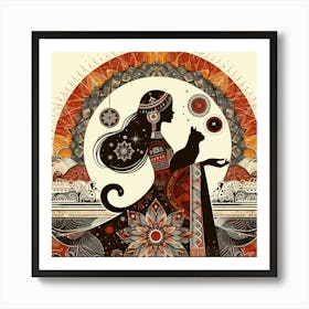 Boho art Silhouette of woman with cat 1 Art Print