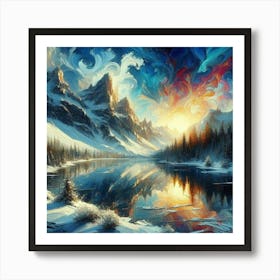 Montain lac oil painting abstract painting art 4 Art Print