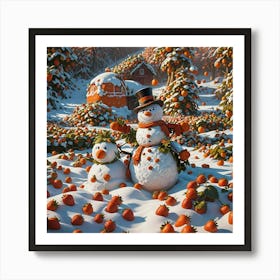 Snowman And Strawberries Art Print