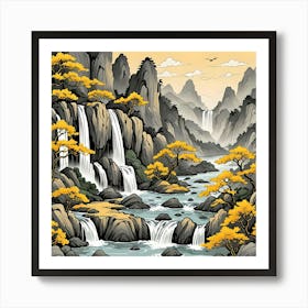 Chinese Landscape With Waterfalls, Black And Yellow Art Print