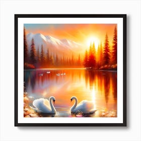 Sunset Swans Art Print