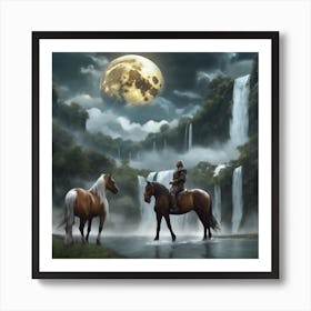 Two Horses By A Waterfall Art Print