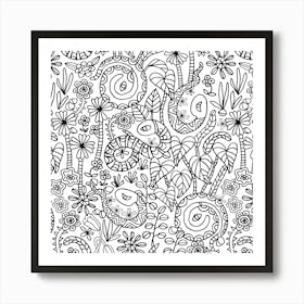 COLOURING BOOK GARDEN SNAKES Doodle Floral Botanical Line Drawing in Black and White Art Print