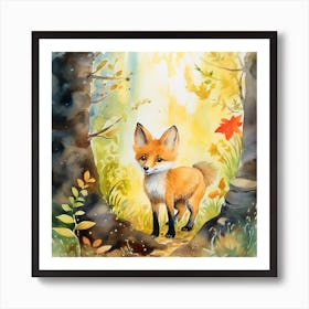 Watercolor fox in the forest Art Print