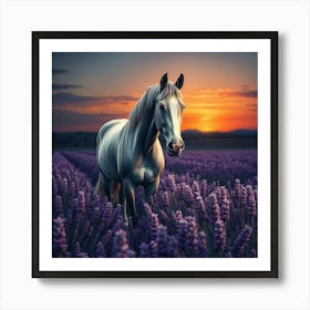 White Horse In Lavender Field At Sunset 1 Art Print