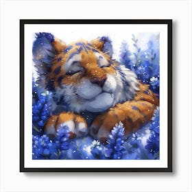 Lena1987 Cute Newborn Tiger In Flowers Blue White Grey Colours Art Print