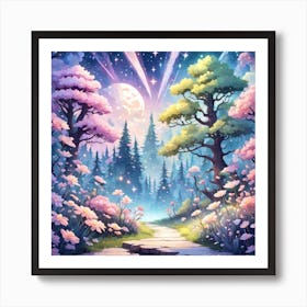 A Fantasy Forest With Twinkling Stars In Pastel Tone Square Composition 436 Art Print