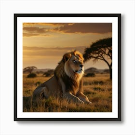 A Majestic Lion Lounging On A Grassy Savanna At Sunset, Surrounded By The Golden Hues Of The Setting Sun And The Vast Expanse Of The African Plains 2 Art Print