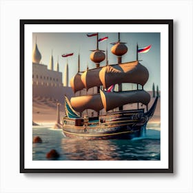 Xebec Ship Sailing On The Sea With Persian Town (2) Art Print