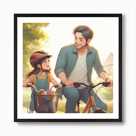 Father And Daughter Riding Bicycle 🚲  Art Print